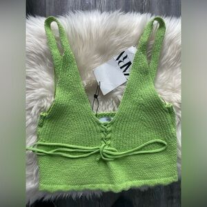 NWT Zara Green Knit with Tie Cropped Tank Top Size M